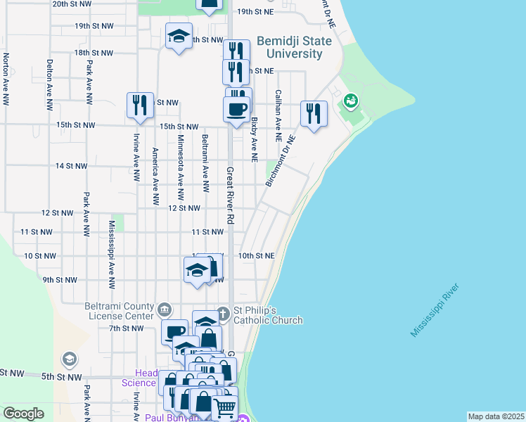 map of restaurants, bars, coffee shops, grocery stores, and more near 1134 Birchmont Drive Northeast in Bemidji