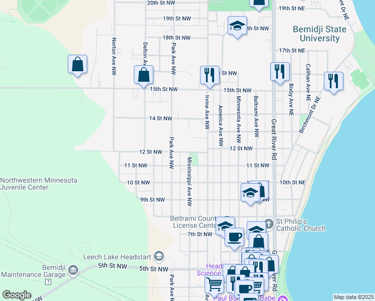 map of restaurants, bars, coffee shops, grocery stores, and more near 603 12 Street Northwest in Bemidji