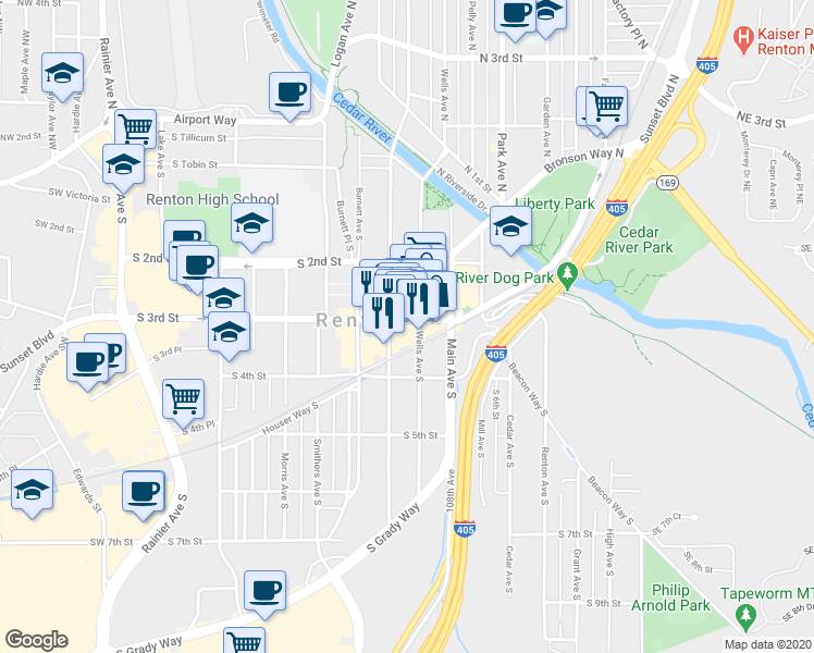map of restaurants, bars, coffee shops, grocery stores, and more near 308 Williams Avenue South in Renton