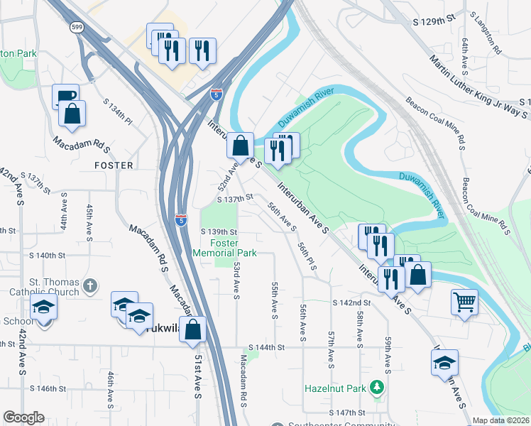 map of restaurants, bars, coffee shops, grocery stores, and more near 13705 56th Avenue South in Tukwila