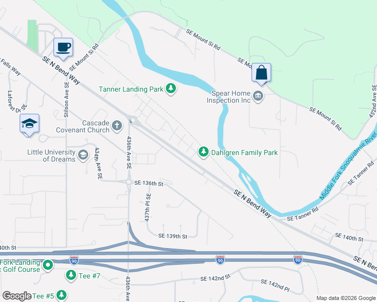 map of restaurants, bars, coffee shops, grocery stores, and more near 1290 Waterfall Way Southeast in North Bend