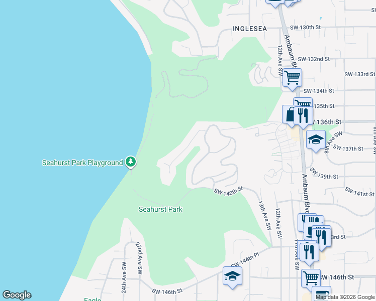 map of restaurants, bars, coffee shops, grocery stores, and more near 13672 18th Avenue Southwest in Burien