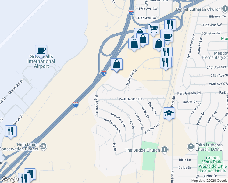 map of restaurants, bars, coffee shops, grocery stores, and more near 1814 Market Place Drive in Great Falls