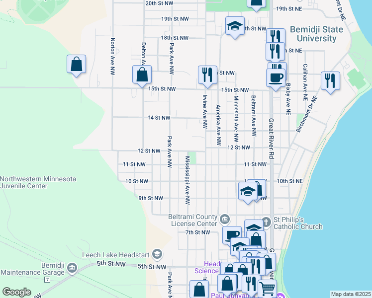 map of restaurants, bars, coffee shops, grocery stores, and more near 603 12 Street Northwest in Bemidji