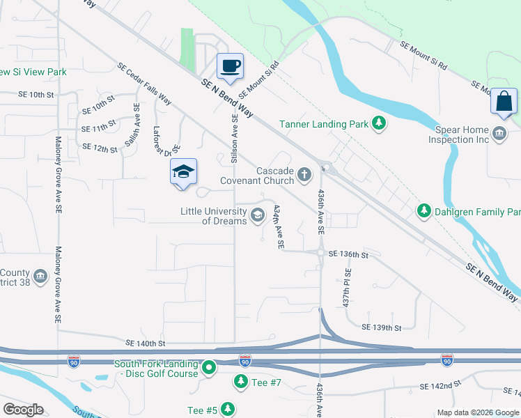 map of restaurants, bars, coffee shops, grocery stores, and more near 43235 Southeast 134th Street in North Bend