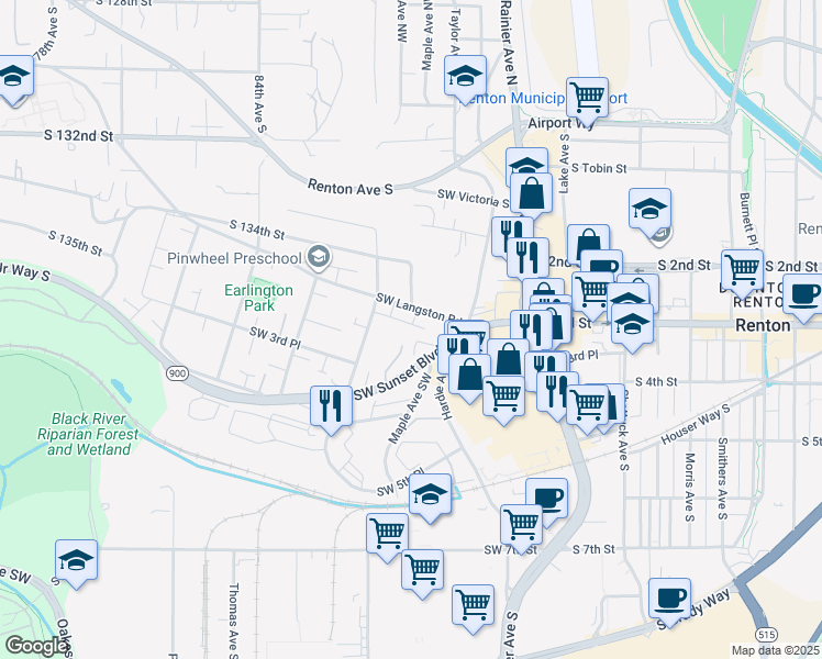 map of restaurants, bars, coffee shops, grocery stores, and more near 303 Southwest Langston Road in Renton
