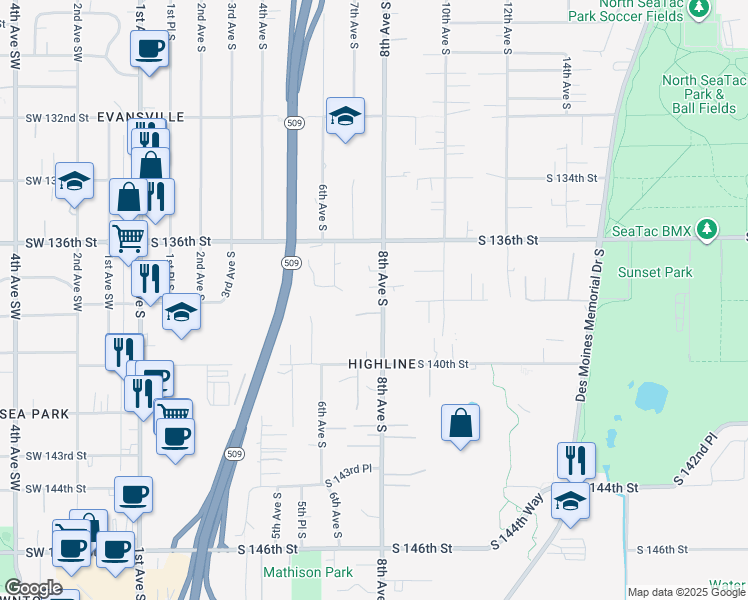 map of restaurants, bars, coffee shops, grocery stores, and more near 13729 8th Avenue South in Burien