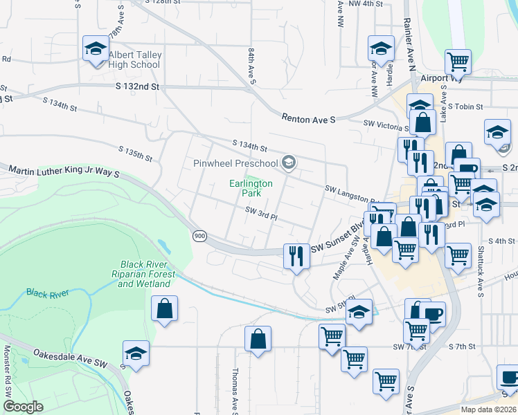 map of restaurants, bars, coffee shops, grocery stores, and more near 800 Southwest 3rd Place in Renton