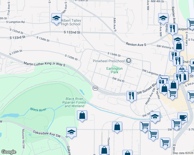 map of restaurants, bars, coffee shops, grocery stores, and more near 1013 Southwest 3rd Place in Renton