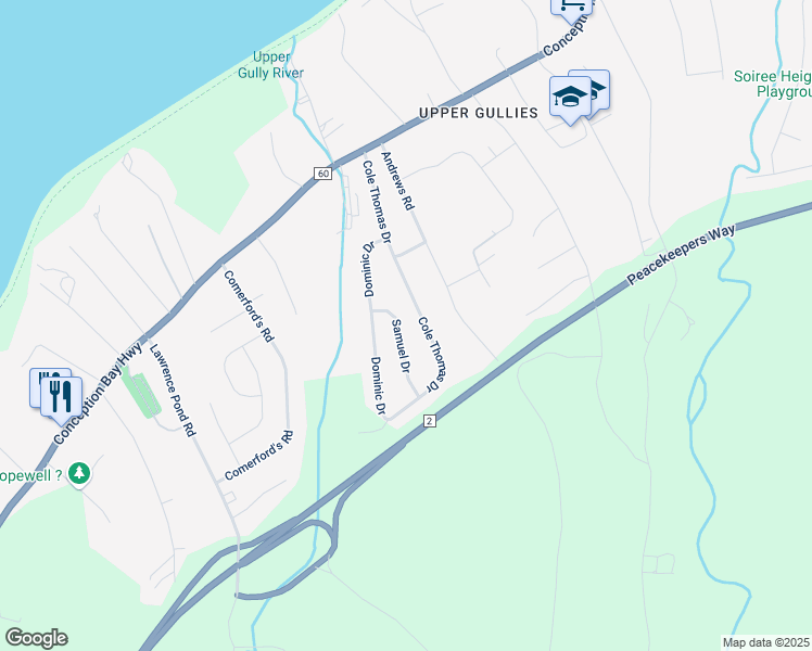 map of restaurants, bars, coffee shops, grocery stores, and more near 15 Samuel Drive in Conception Bay South