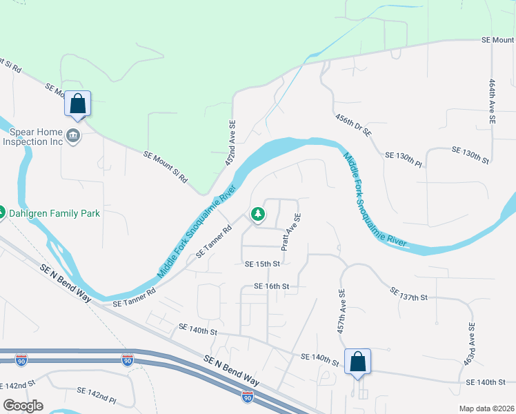 map of restaurants, bars, coffee shops, grocery stores, and more near 1367 Bandera Avenue Southeast in North Bend