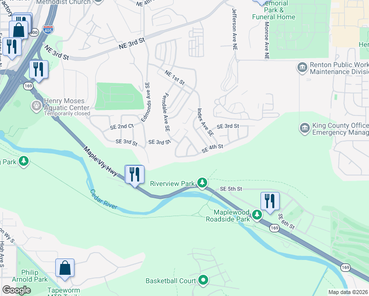 map of restaurants, bars, coffee shops, grocery stores, and more near 318 Glennwood Court Southeast in Renton