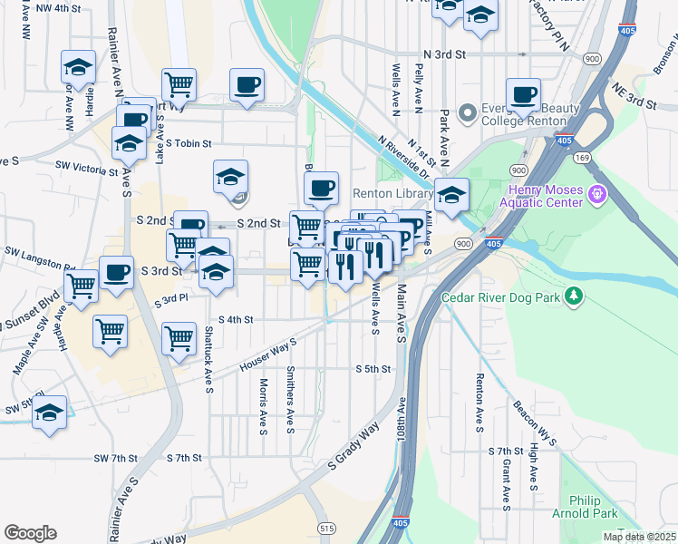 map of restaurants, bars, coffee shops, grocery stores, and more near 308 Williams Avenue South in Renton
