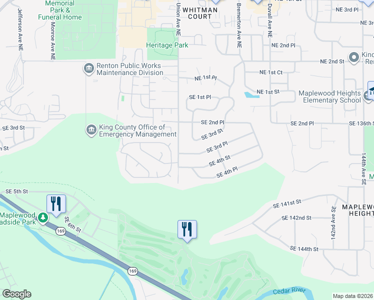 map of restaurants, bars, coffee shops, grocery stores, and more near 4115 Southeast 3rd Place in Renton