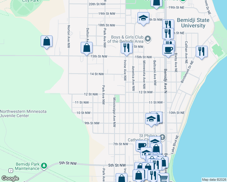 map of restaurants, bars, coffee shops, grocery stores, and more near 603 12 Street Northwest in Bemidji