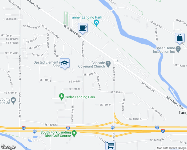map of restaurants, bars, coffee shops, grocery stores, and more near 43301 Southeast 134th Street in North Bend