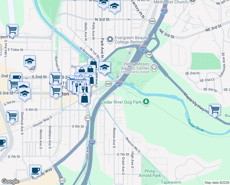 map of restaurants, bars, coffee shops, grocery stores, and more near 1223 South 3rd Street in Renton