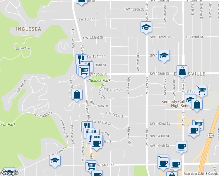 map of restaurants, bars, coffee shops, grocery stores, and more near 662 Southwest 137th Street in Burien