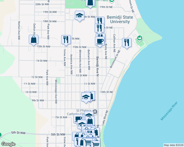 map of restaurants, bars, coffee shops, grocery stores, and more near 1122 Beltrami Avenue Northwest in Bemidji