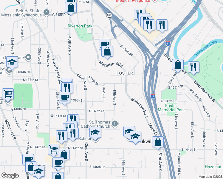 map of restaurants, bars, coffee shops, grocery stores, and more near 13715 45th Avenue South in Tukwila