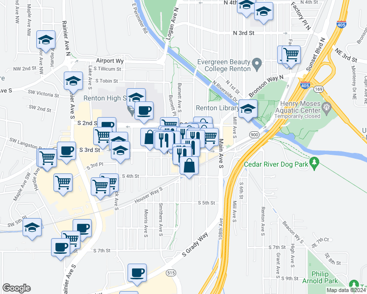 map of restaurants, bars, coffee shops, grocery stores, and more near in Renton