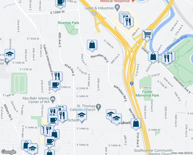 map of restaurants, bars, coffee shops, grocery stores, and more near 13715 45th Avenue South in Tukwila