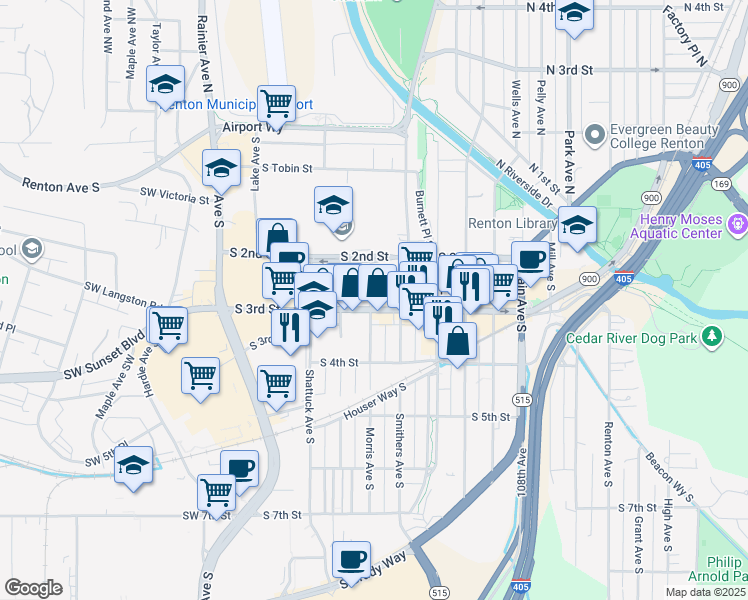 map of restaurants, bars, coffee shops, grocery stores, and more near 307 Morris Avenue South in Renton