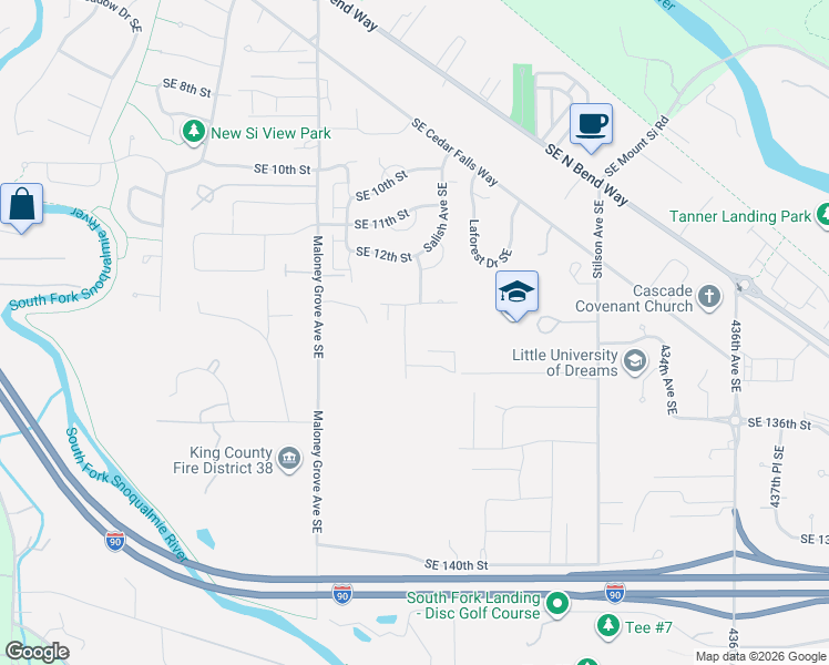 map of restaurants, bars, coffee shops, grocery stores, and more near 1336 Salish Avenue Southeast in North Bend