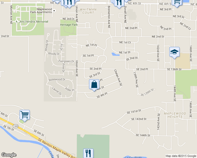 map of restaurants, bars, coffee shops, grocery stores, and more near 4404 Southeast 3rd Place in Renton