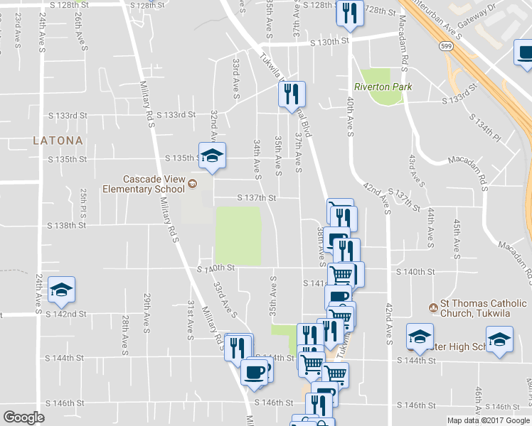 map of restaurants, bars, coffee shops, grocery stores, and more near 13723 34th Avenue South in Tukwila
