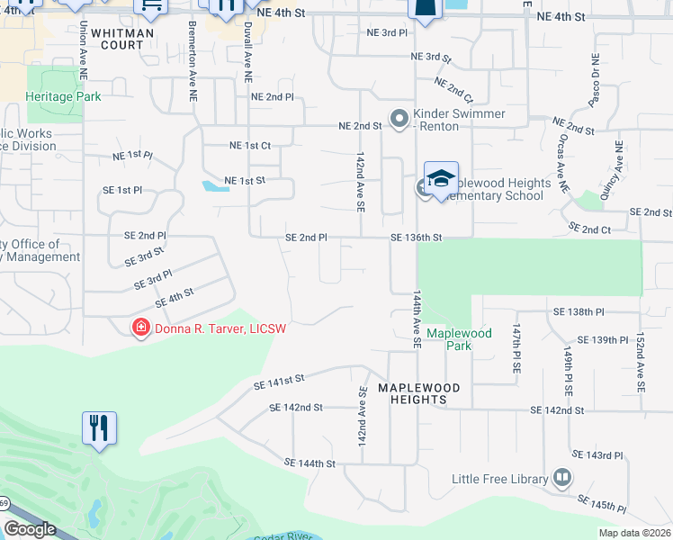 map of restaurants, bars, coffee shops, grocery stores, and more near 5007 Southeast 3rd Place in Renton