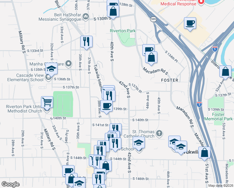 map of restaurants, bars, coffee shops, grocery stores, and more near 13733 41st Avenue South in Tukwila
