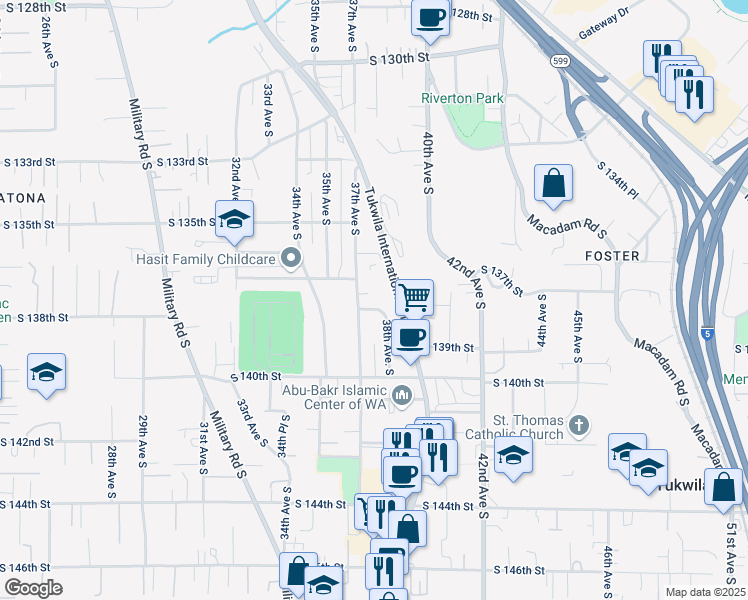 map of restaurants, bars, coffee shops, grocery stores, and more near 13820 37th Avenue South in Tukwila