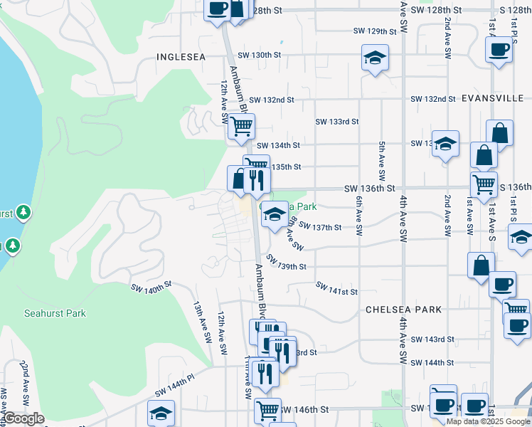 map of restaurants, bars, coffee shops, grocery stores, and more near 13715 10th Avenue Southwest in Burien
