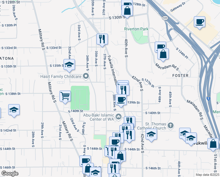 map of restaurants, bars, coffee shops, grocery stores, and more near 13820 37th Avenue South in Tukwila