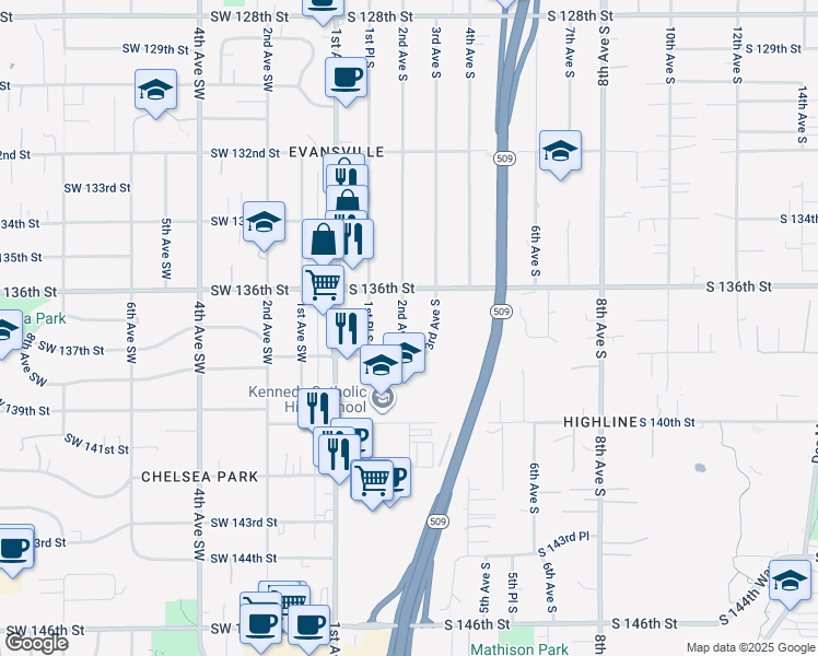 map of restaurants, bars, coffee shops, grocery stores, and more near 13636 2nd Avenue South in Burien