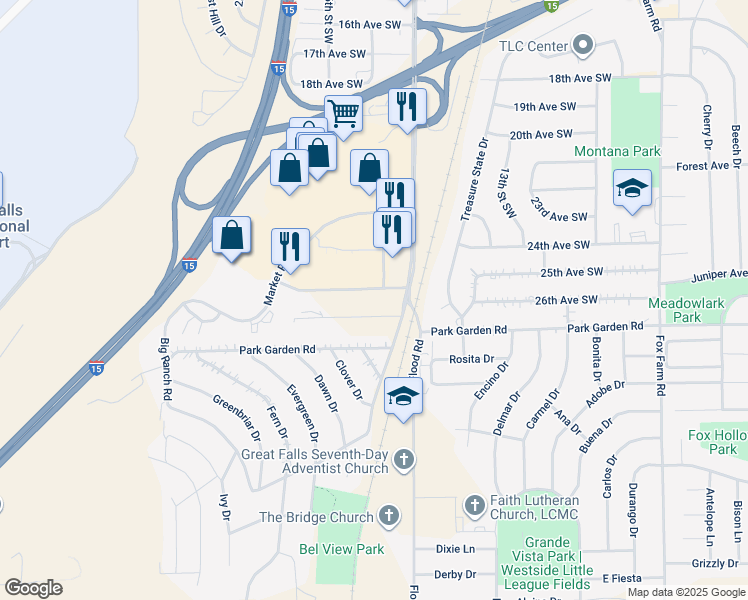 map of restaurants, bars, coffee shops, grocery stores, and more near 2520 14th Street Southwest in Great Falls