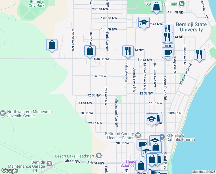 map of restaurants, bars, coffee shops, grocery stores, and more near 702 14 Street Northwest in Bemidji