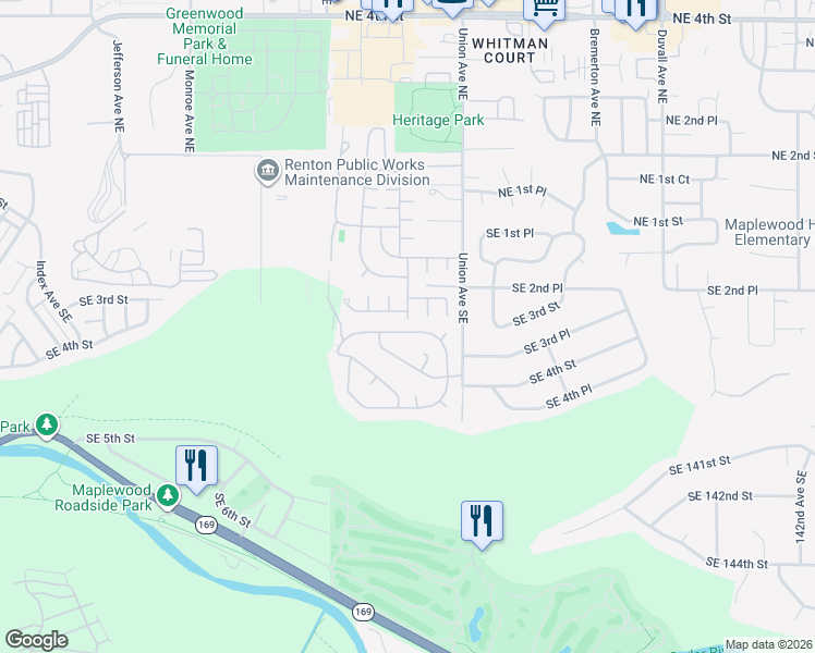 map of restaurants, bars, coffee shops, grocery stores, and more near 227 Union Avenue Southeast in Renton