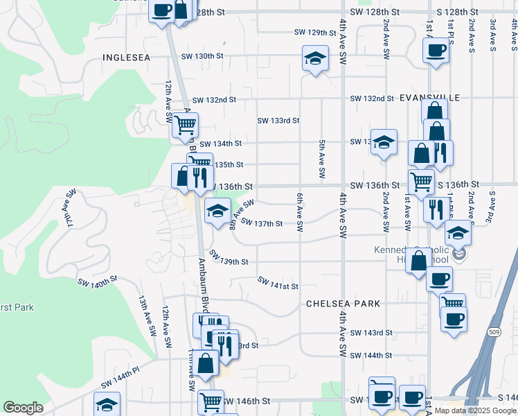 map of restaurants, bars, coffee shops, grocery stores, and more near 13604 8th Avenue Southwest in Burien