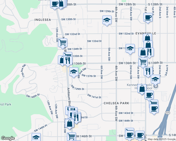 map of restaurants, bars, coffee shops, grocery stores, and more near 13604 8th Avenue Southwest in Burien