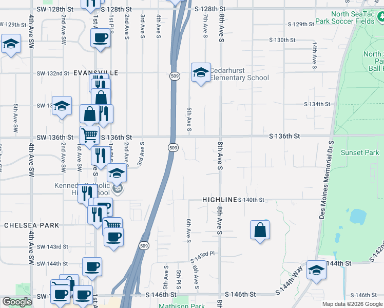 map of restaurants, bars, coffee shops, grocery stores, and more near 13627 6th Place South in Burien