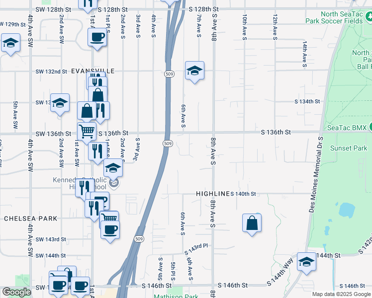map of restaurants, bars, coffee shops, grocery stores, and more near 515 South 136th Street in Burien