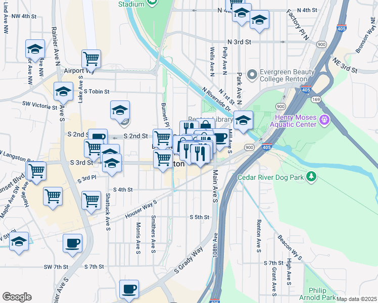 map of restaurants, bars, coffee shops, grocery stores, and more near 201 Wells Avenue South in Renton