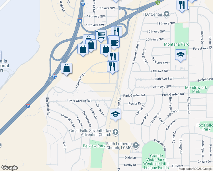 map of restaurants, bars, coffee shops, grocery stores, and more near 2520 14th Street Southwest in Great Falls