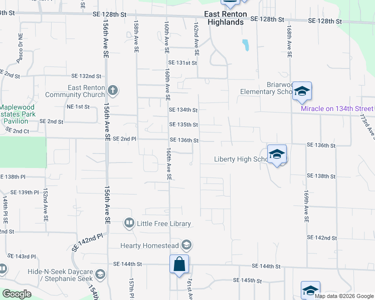 map of restaurants, bars, coffee shops, grocery stores, and more near 16044 Southeast 137th Terrace in Renton