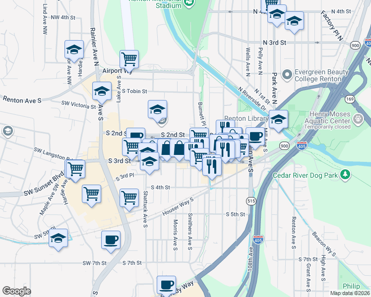 map of restaurants, bars, coffee shops, grocery stores, and more near 205 Logan Avenue South in Renton