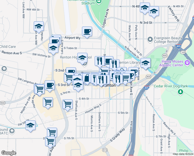 map of restaurants, bars, coffee shops, grocery stores, and more near 205 Logan Avenue South in Renton