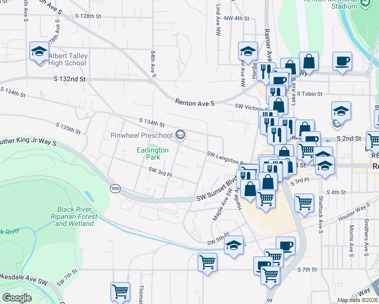 map of restaurants, bars, coffee shops, grocery stores, and more near 518 Southwest Langston Road in Renton