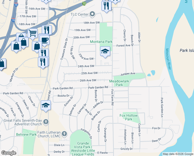 map of restaurants, bars, coffee shops, grocery stores, and more near 1008 25th Ave SW in Great Falls